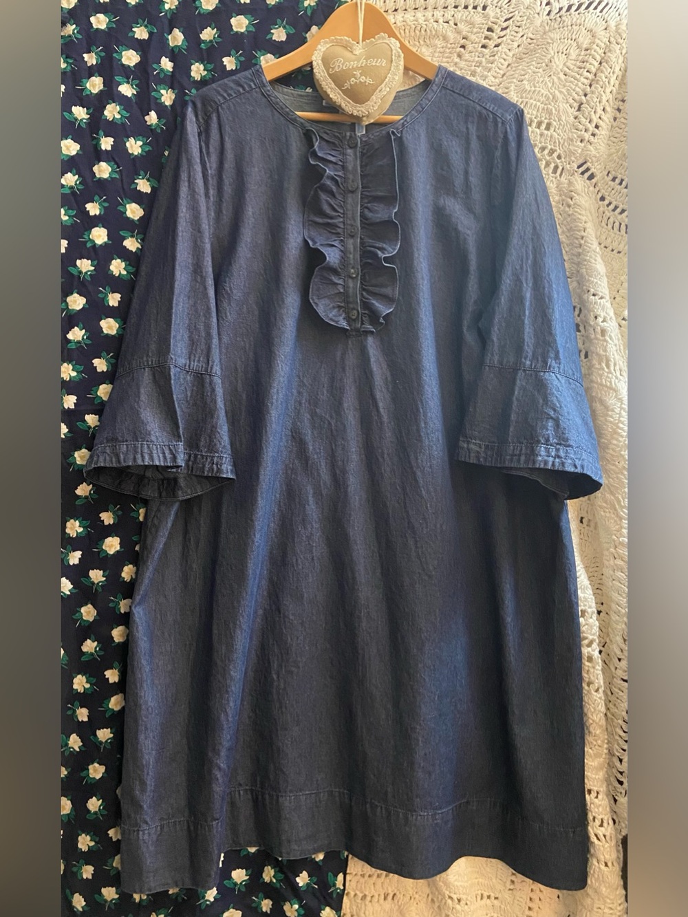 Draper James 18X Chambray Ruffle Shift Dress Blue Bell Sleeve